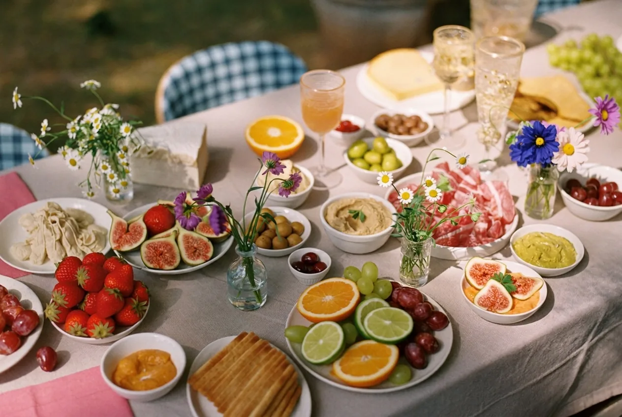 Whimsical grazing table with colourful dishes and bud vases of wildflowers
